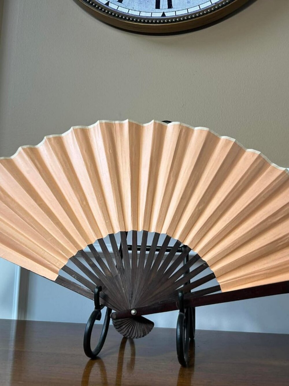 Vintage 15” mahogany and paper Sensu folding paper fan
